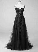 Black Tulle & Lace A-Line Sweetheart V-Back Floor-Length Dress Front View - Aabei Dress
