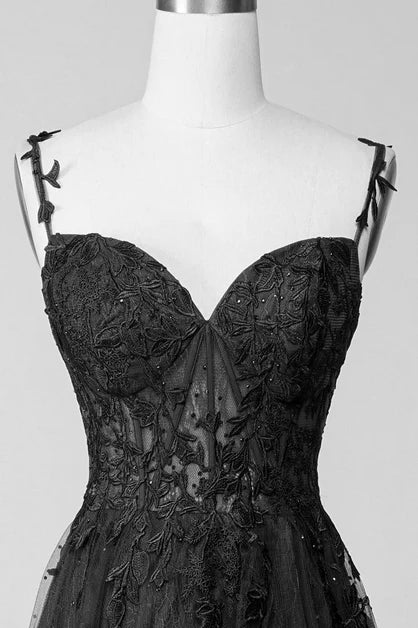 Black Tulle & Lace A-Line Sweetheart V-Back Floor-Length Dress - Aabei Dress