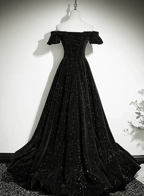 Black Velvet A-Line Off-the-Shoulder Lace-up Floor-Length Dress Back View - Aabei Dress