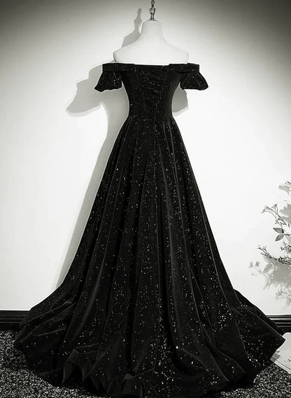 Black Velvet A-Line Off-the-Shoulder Lace-up Floor-Length Dress Back View - Aabei Dress