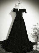 Black Velvet A-Line Off-the-Shoulder Lace-up Floor-Length Dress Front View - Aabei Dress