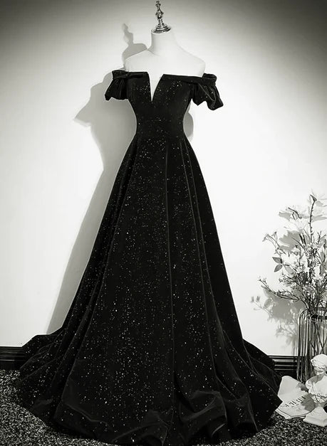 Black Velvet A-Line Off-the-Shoulder Lace-up Floor-Length Dress Front View - Aabei Dress