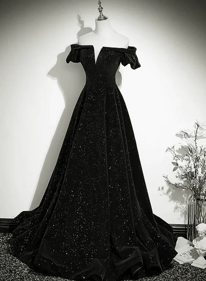Black Velvet A-Line Off-the-Shoulder Lace-up Floor-Length Dress Front View - Aabei Dress