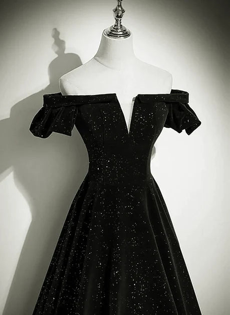 Black Velvet A-Line Off-the-Shoulder Lace-up Floor-Length Dress - Aabei Dress