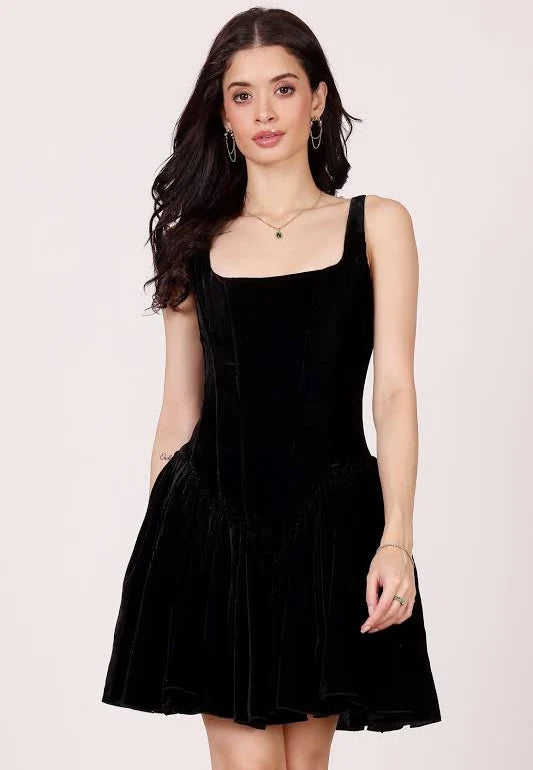Black Velvet A-Line Square Neck Zipper Back Mini Dress - Aabei Dress