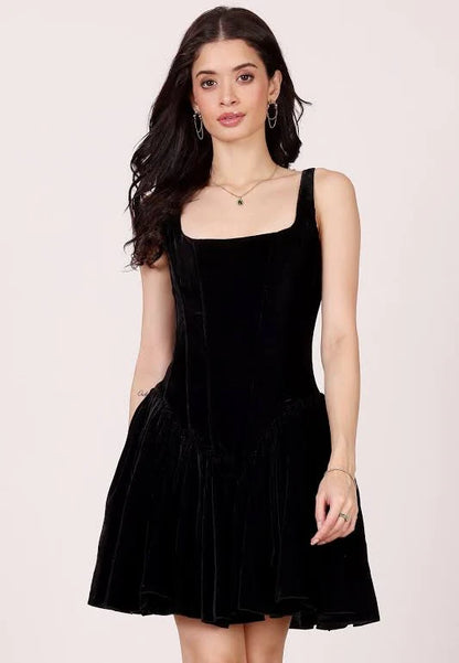 Black Velvet A-Line Square Neck Zipper Back Mini Dress - Aabei Dress