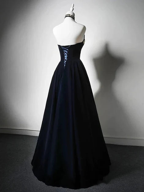 Black Velvet A-Line Straight Across Lace-Up Back Floor-Length Dress Back View - Aabei Dress