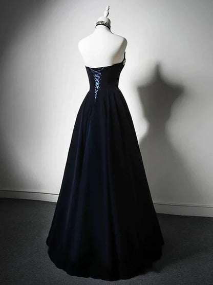 Black Velvet A-Line Straight Across Lace-Up Back Floor-Length Dress Back View - Aabei Dress