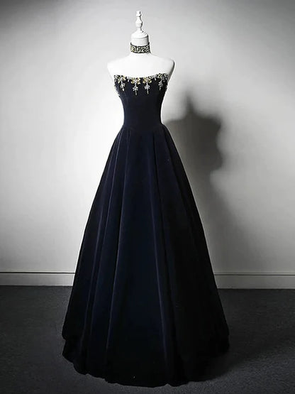 Black Velvet A-Line Straight Across Lace-Up Back Floor-Length Dress Front View - Aabei Dress