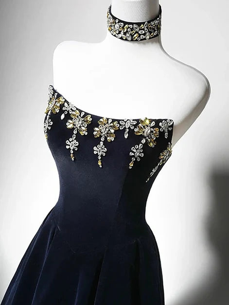 Black Velvet A-Line Straight Across Lace-Up Back Floor-Length Dress - Aabei Dress