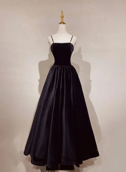 Black Velvet A-Line Straight Across Zipper Back Floor-Length Dress - Aabei Dress
