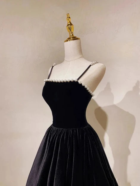 Black Velvet A-Line Straight Across Zipper Back Floor-Length Dress - Aabei Dress
