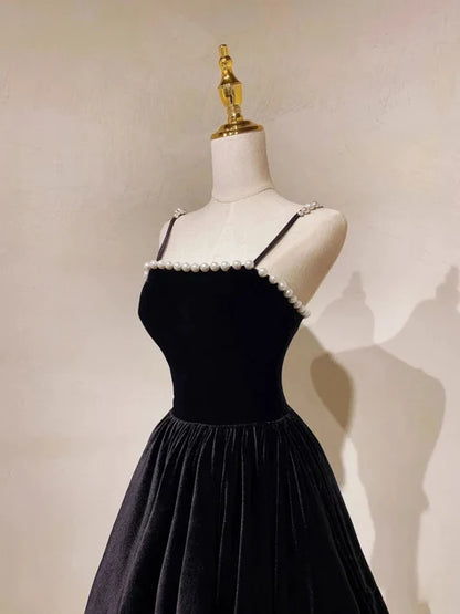 Black Velvet A-Line Straight Across Zipper Back Floor-Length Dress - Aabei Dress