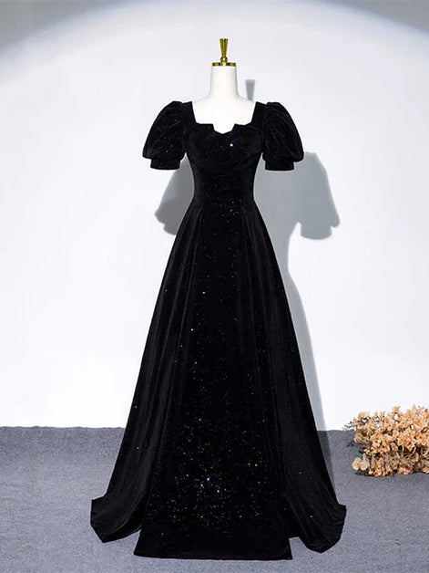 Black Velvet A-Line Sweetheart Lace-up Floor-Length Dress Front View - Aabei Dress
