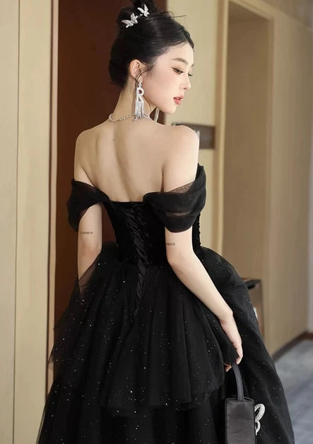 Black Velvet and Glitter Tulle ball-gown sweetheart floor-length Dress Back View - Aabei Dress