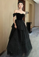 Black Velvet and Glitter Tulle ball-gown sweetheart floor-length Dress Front View - Aabei Dress