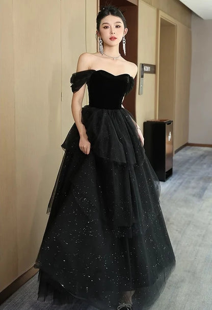 Black Velvet and Glitter Tulle ball-gown sweetheart floor-length Dress Front View - Aabei Dress