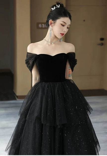 Black Velvet and Glitter Tulle ball-gown sweetheart floor-length Dress - Aabei Dress