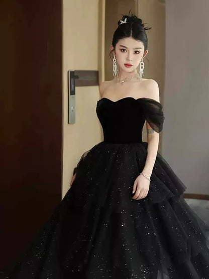 Black Velvet and Glitter Tulle ball-gown sweetheart floor-length Dress - Aabei Dress