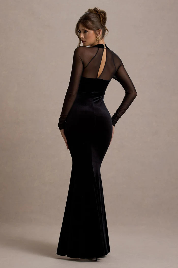Black Velvet and Mesh Mermaid Square Neck Keyhole Back Floor-Length Dress Back View - Aabei Dress