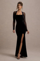 Black Velvet and Mesh Mermaid Square Neck Keyhole Back Floor-Length Dress Front View - Aabei Dress