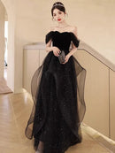 Black Velvet & Glitter Tulle A-Line Off-the-Shoulder Back Zip Floor-Length Dress - Aabei Dress