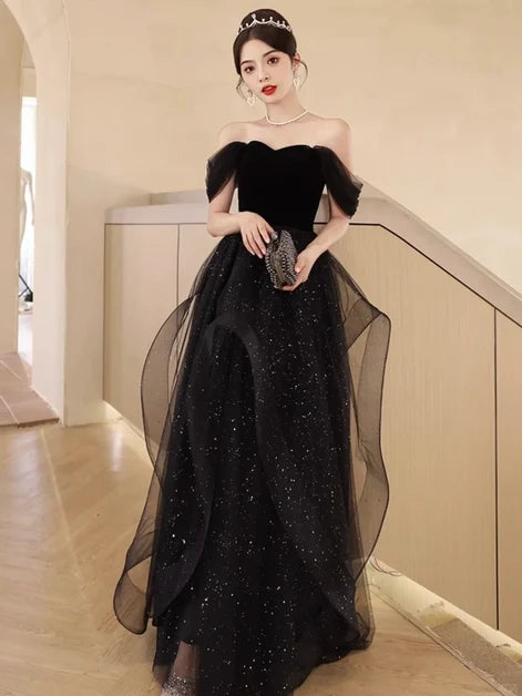 Black Velvet & Glitter Tulle A-Line Off-the-Shoulder Back Zip Floor-Length Dress - Aabei Dress