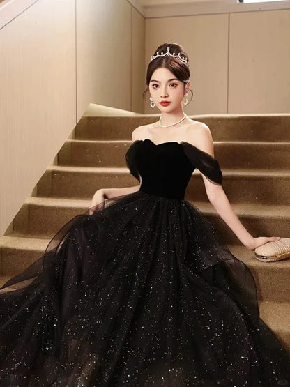 Black Velvet & Glitter Tulle A-Line Off-the-Shoulder Back Zip Floor-Length Dress - Aabei Dress