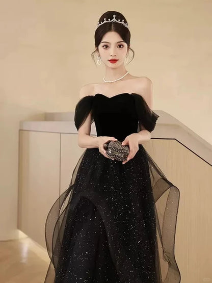 Black Velvet & Glitter Tulle A-Line Off-the-Shoulder Back Zip Floor-Length Dress - Aabei Dress