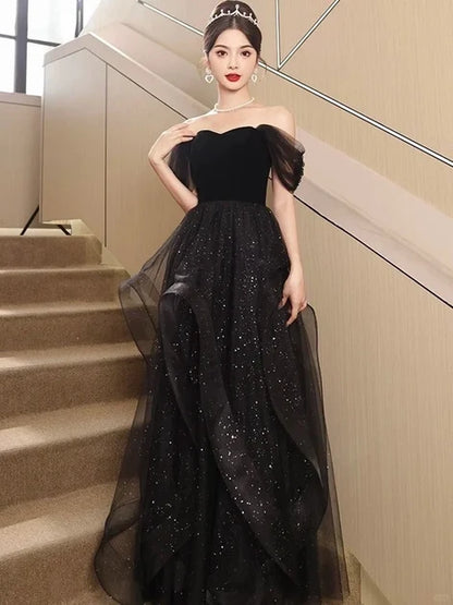Black Velvet & Glitter Tulle A-Line Off-the-Shoulder Back Zip Floor-Length Dress - Aabei Dress