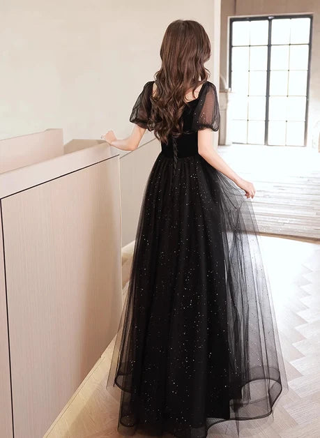 Black Velvet & Glitter Tulle A-Line Sweetheart Lace-up Floor-Length Dress Back View - Aabei Dress