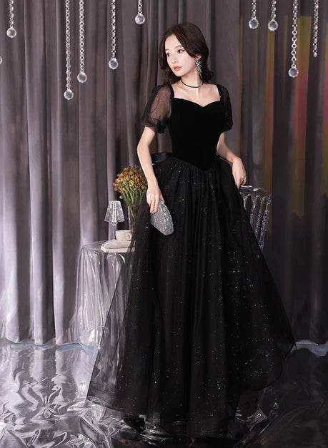 Black Velvet & Glitter Tulle A-Line Sweetheart Lace-up Floor-Length Dress Front View - Aabei Dress