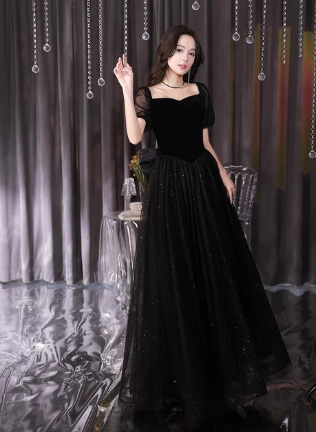 Black Velvet & Glitter Tulle A-Line Sweetheart Lace-up Floor-Length Dress - Aabei Dress