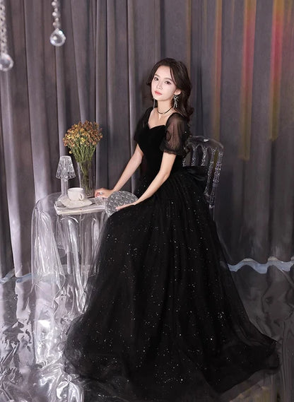 Black Velvet & Glitter Tulle A-Line Sweetheart Lace-up Floor-Length Dress - Aabei Dress