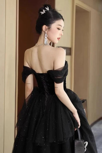 Black Velvet Glitter Tulle ball-gown sweetheart lace-up-back floor-length Dress Back View - Aabei Dress