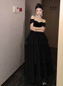 Black Velvet Glitter Tulle ball-gown sweetheart lace-up-back floor-length Dress Front View - Aabei Dress