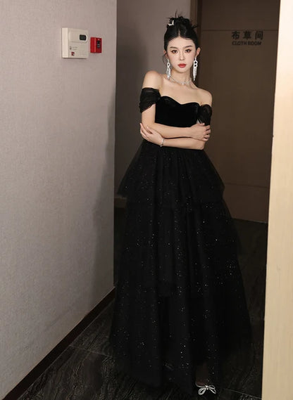 Black Velvet Glitter Tulle ball-gown sweetheart lace-up-back floor-length Dress Front View - Aabei Dress