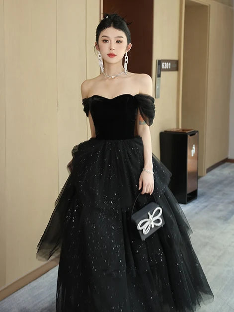 Black Velvet Glitter Tulle ball-gown sweetheart lace-up-back floor-length Dress - Aabei Dress