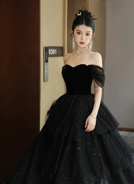 Black Velvet Glitter Tulle ball-gown sweetheart lace-up-back floor-length Dress - Aabei Dress