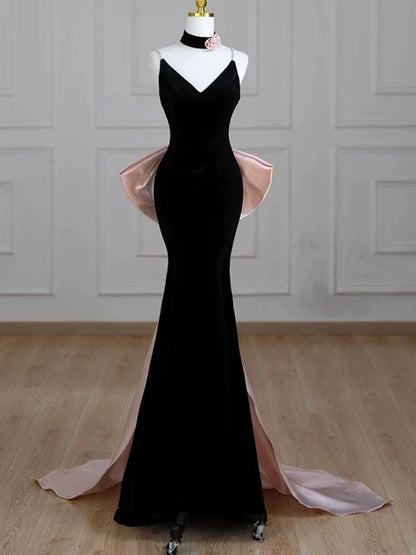 Black Velvet Mermaid V-Neck Low Back Floor-Length Dress - Aabei Dress