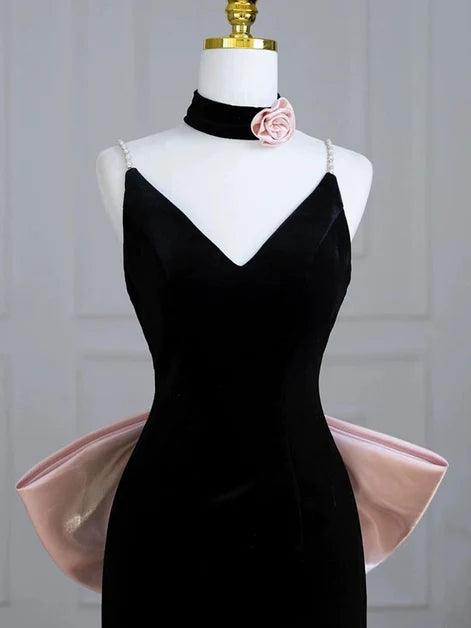 Black Velvet Mermaid V-Neck Low Back Floor-Length Dress - Aabei Dress