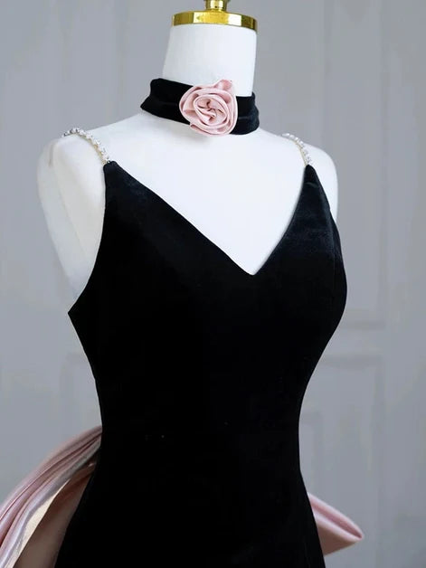 Black Velvet Mermaid V-Neck Low Back Floor-Length Dress - Aabei Dress