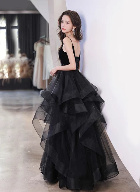 Black Velvet & Organza Ball Gown V-Neck Lace-Up Back Floor-Length Dress Back View - Aabei Dress