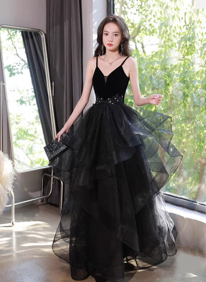 Black Velvet & Organza Ball Gown V-Neck Lace-Up Back Floor-Length Dress Front View - Aabei Dress