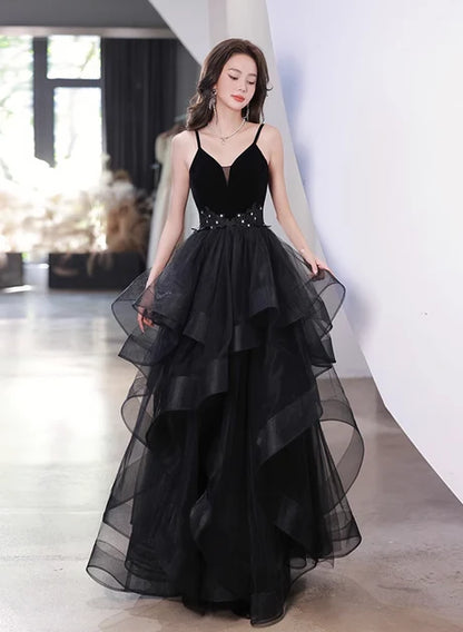 Black Velvet & Organza Ball Gown V-Neck Lace-Up Back Floor-Length Dress - Aabei Dress