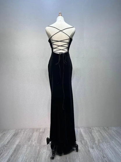 Black Velvet Sheath Column Cowl Neck Lace Up Back Floor Length Dress Back View - Aabei Dress