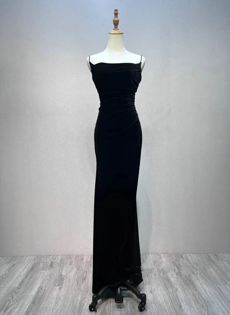 Black Velvet Sheath Column Cowl Neck Lace Up Back Floor Length Dress Front View - Aabei Dress