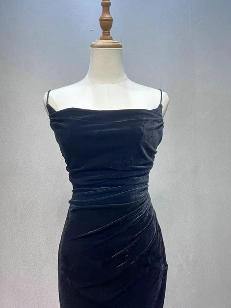 Black Velvet Sheath Column Cowl Neck Lace Up Back Floor Length Dress - Aabei Dress