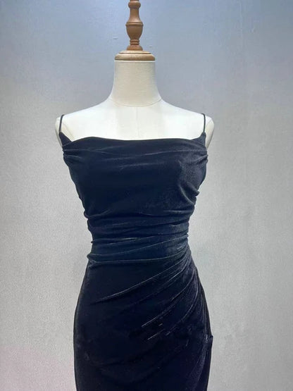 Black Velvet Sheath Column Cowl Neck Lace Up Back Floor Length Dress - Aabei Dress