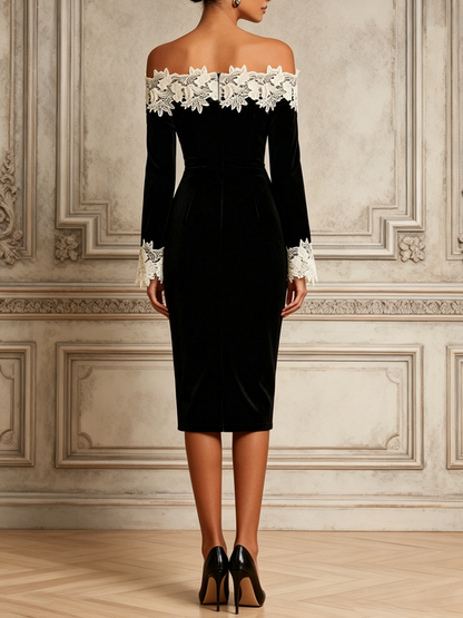 Black Velvet sheath-column off-the-shoulder zipper-back midi Dress Back View - Aabei Dress